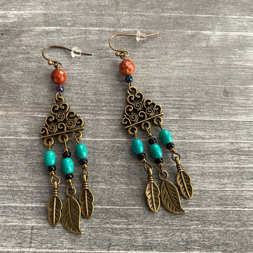 Antique Bronze Turquoise and Jasper Chandelier Earrings