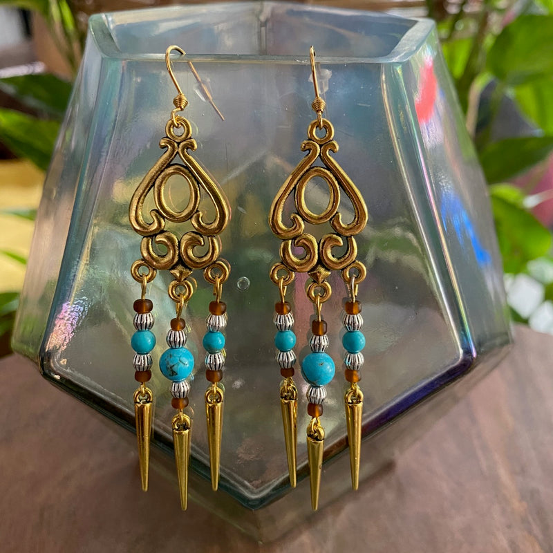 Antique Gold Turquoise Chandelier Earrings