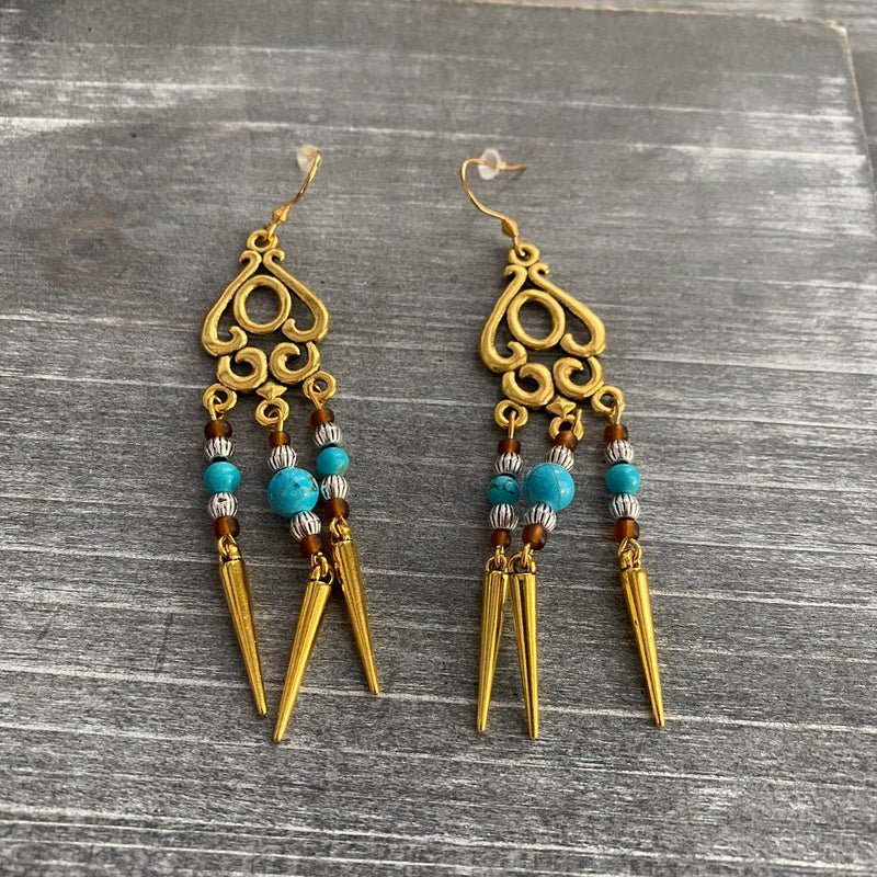 Antique Gold Turquoise Chandelier Earrings