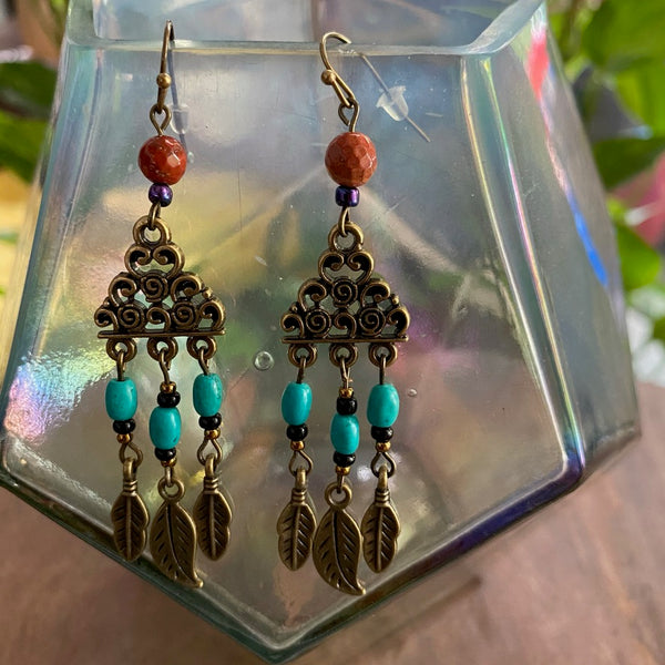 Antique Bronze Turquoise and Jasper Chandelier Earrings